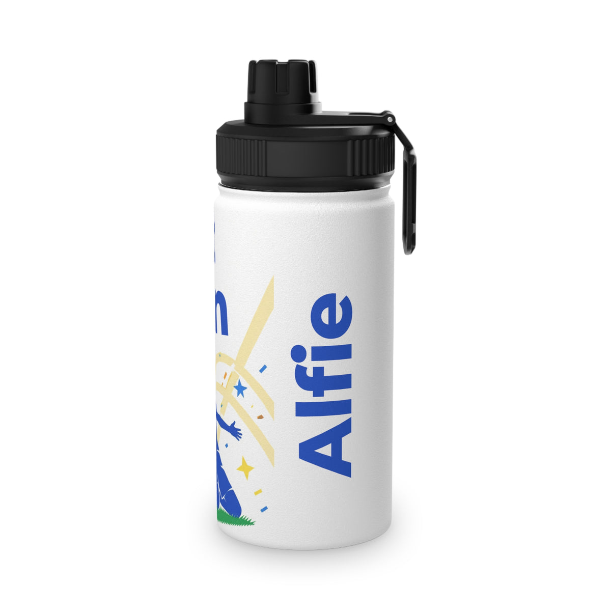 A white insulated water bottle with a black lid and carrying loop, featuring a colorful graphic of a child celebrating a  goaland the name 'Alfie' in blue text.