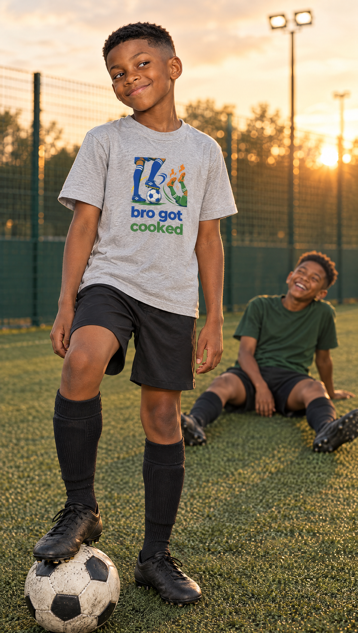 Bro Got Cooked Kids Football T-Shirt – Goal Celebration Tee